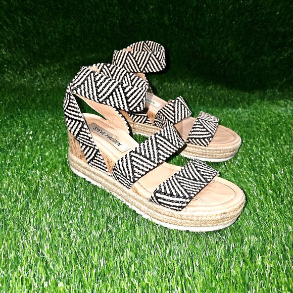 Steve Madden Sandals Womens 6 Jennie Espadrille Strappy Black Wedge Heels zebra - Picture 1 of 8